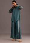 Blue Printed Shirt Palazzo Set With Embroidery