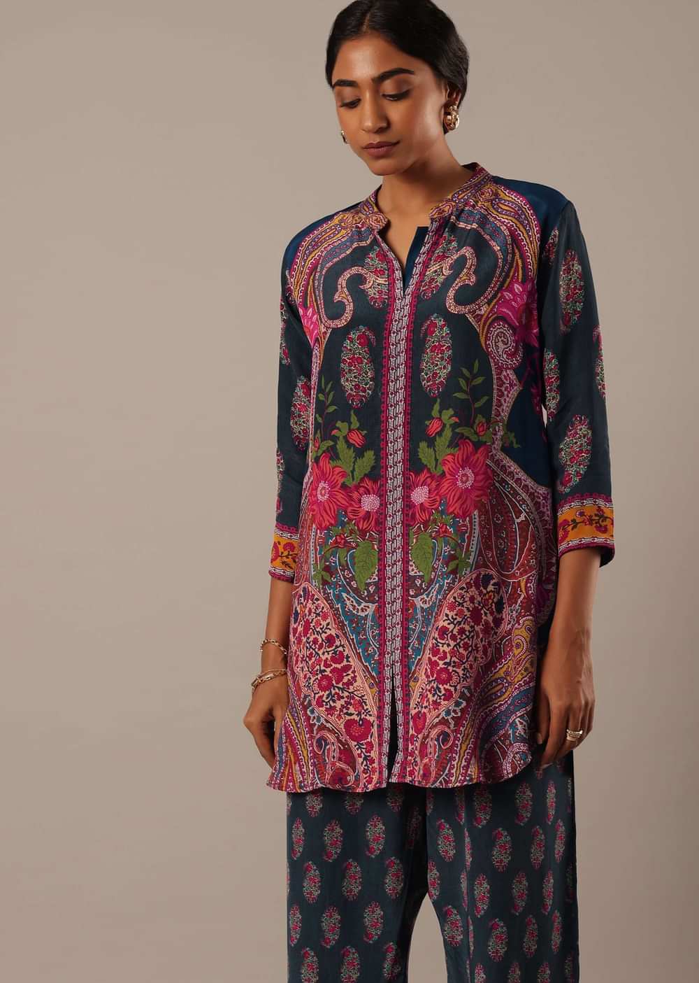 Blue Printed Shirt Style Kurta And Pant Set In Crepe