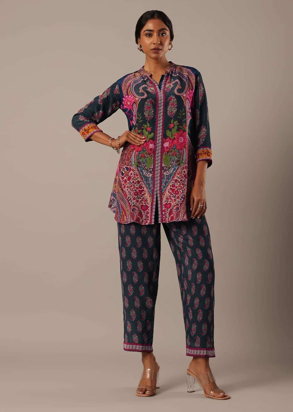 Blue Printed Shirt Style Kurta And Pant Set In Crepe