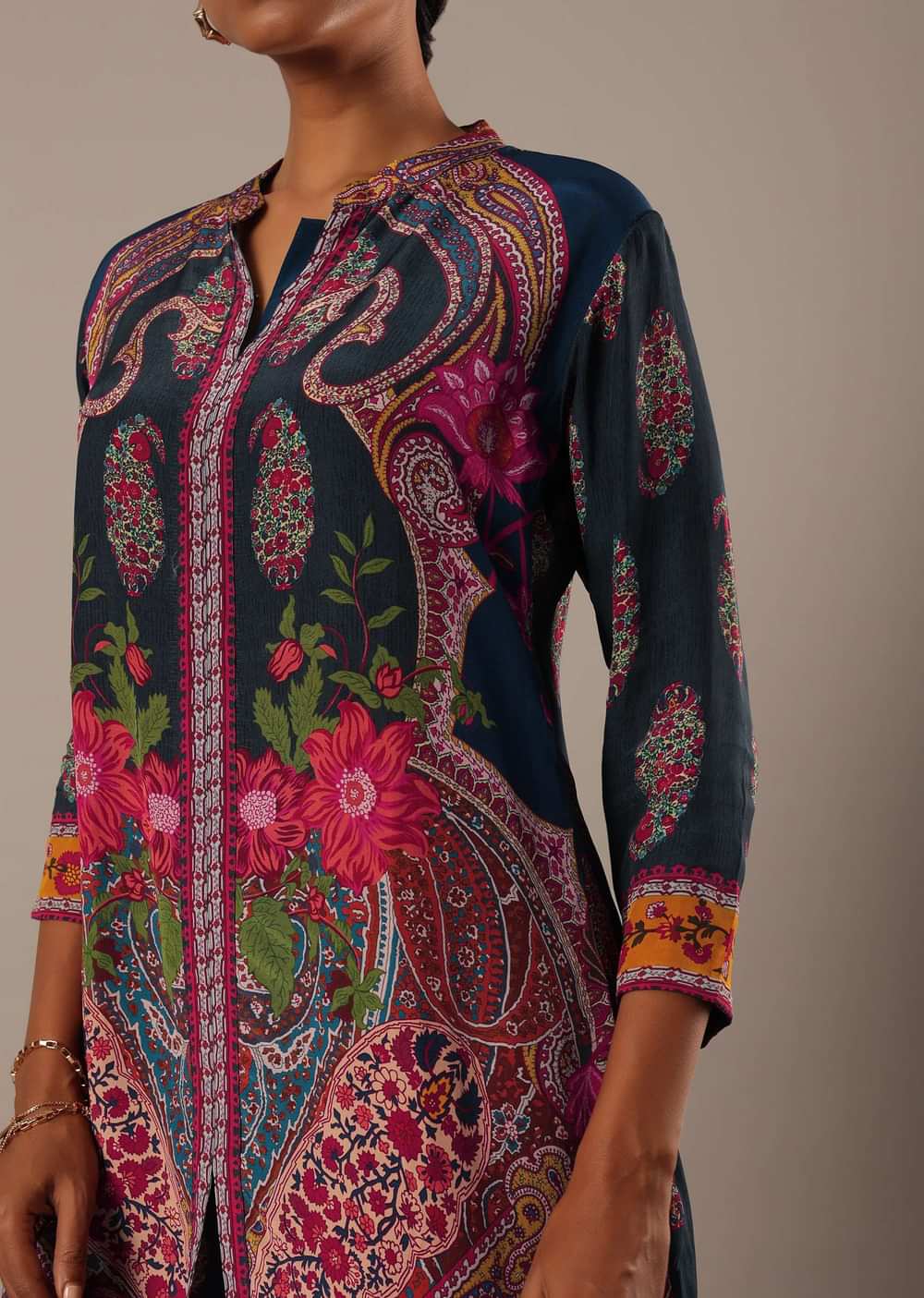 Blue Printed Shirt Style Kurta And Pant Set In Crepe