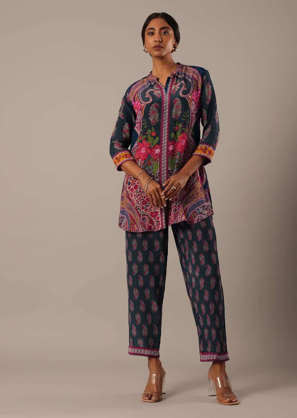 Blue Printed Shirt Style Kurta And Pant Set In Crepe