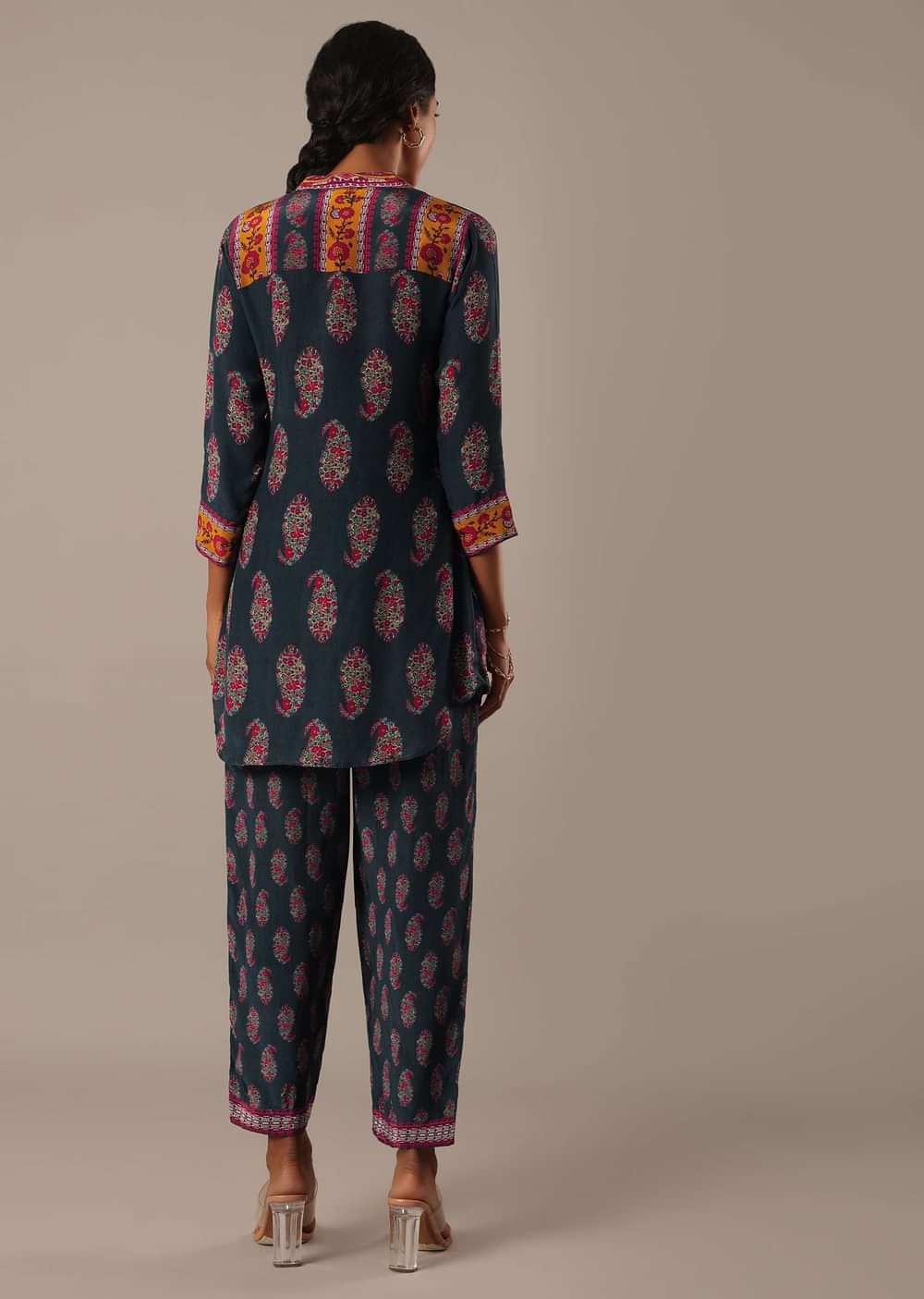 Blue Printed Shirt Style Kurta And Pant Set In Crepe