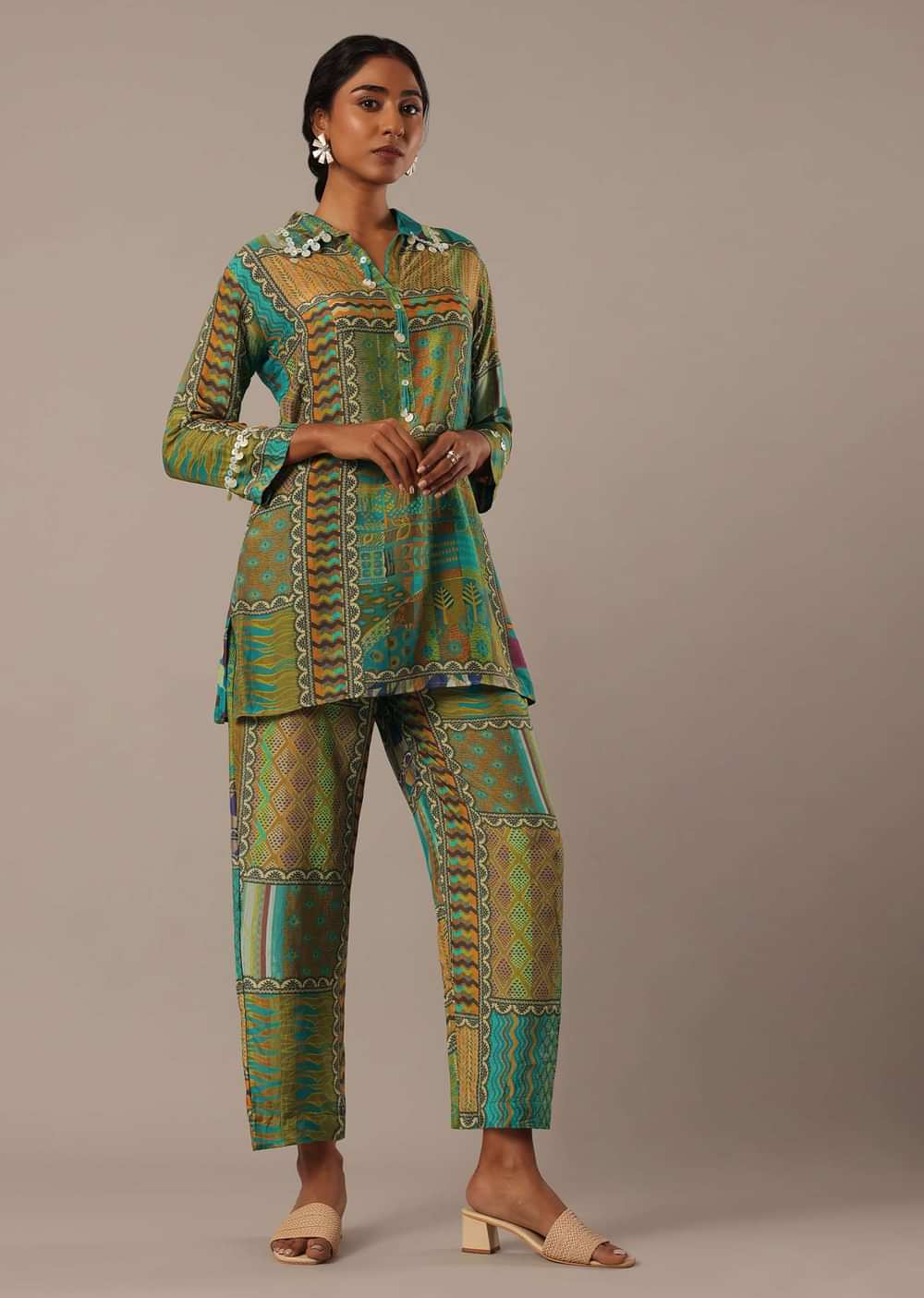 Blue Printed Short Kurt Set In Crepe