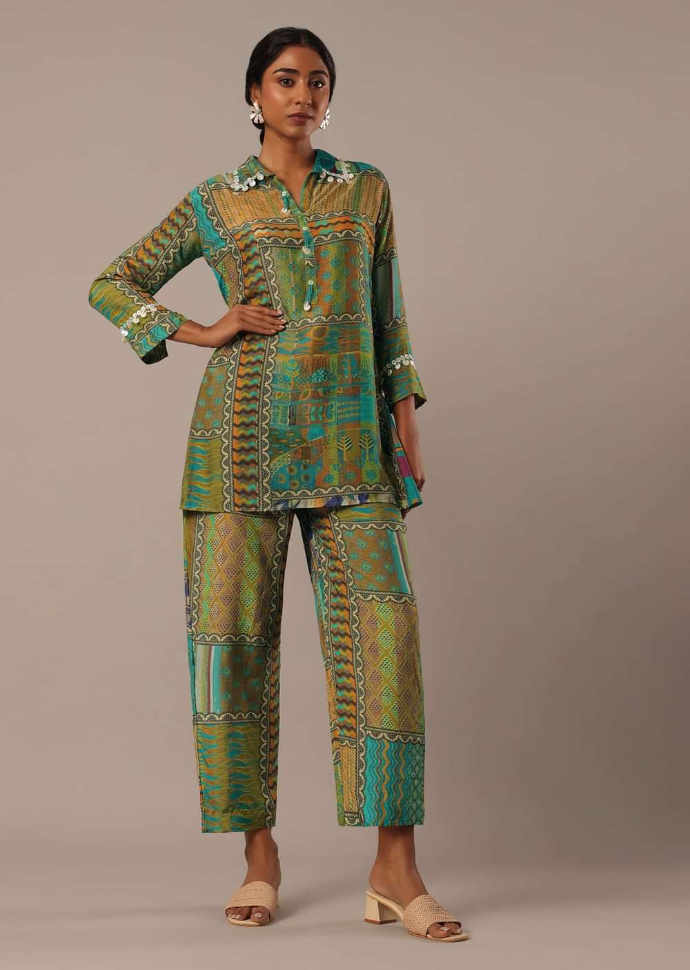 Blue Printed Short Kurt Set In Crepe
