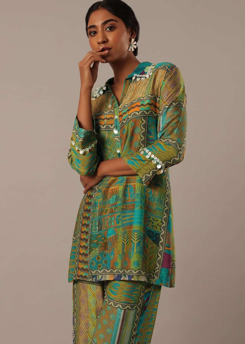 Blue Printed Short Kurt Set In Crepe