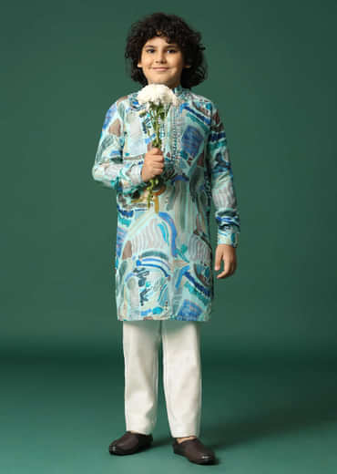 Blue Printed Silk Kurta Pant For Boys