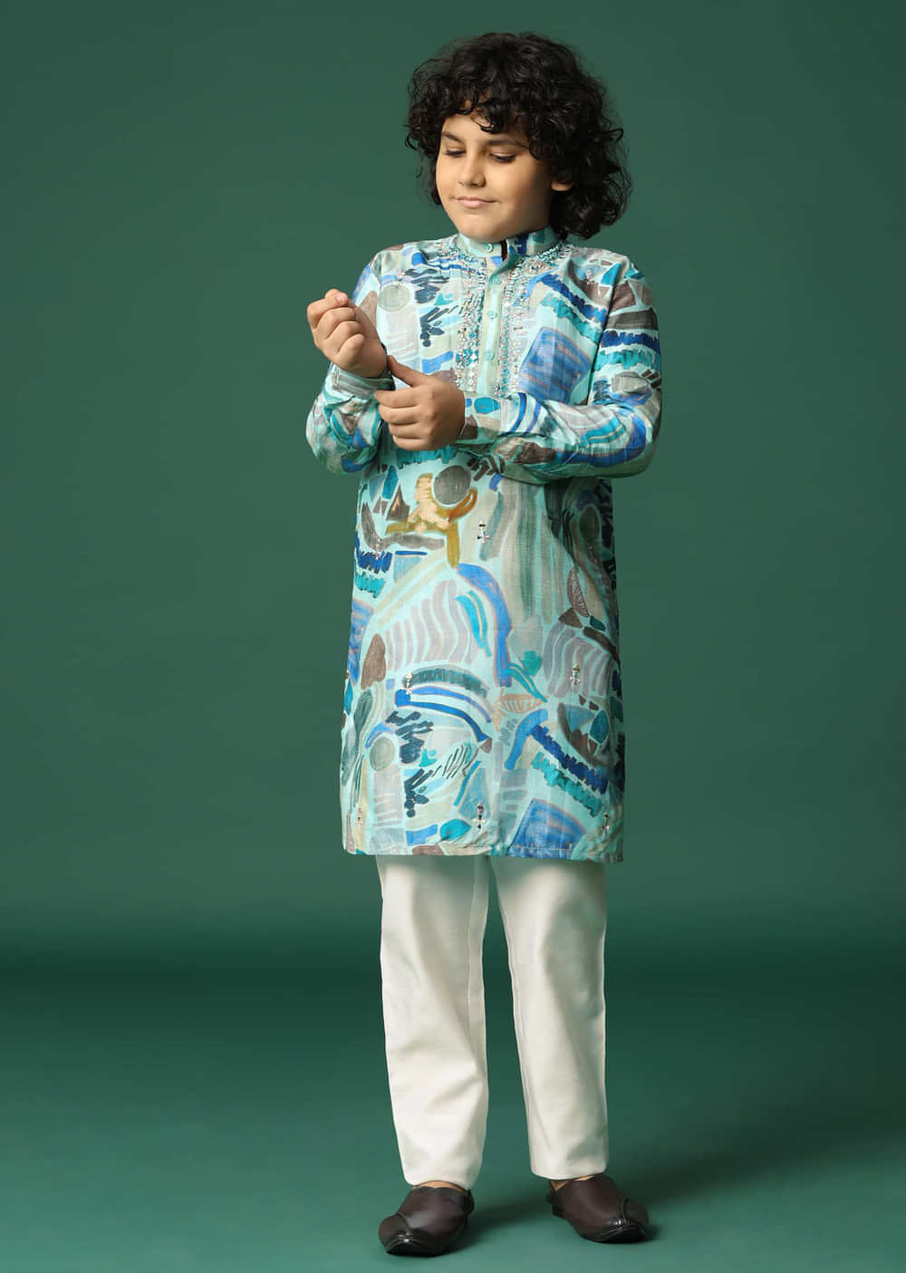 Blue Printed Silk Kurta Pant For Boys