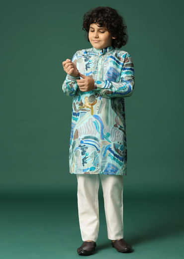 Blue Printed Silk Kurta Pant For Boys