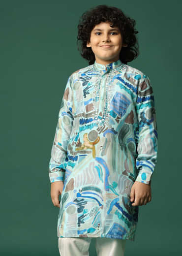 Blue Printed Silk Kurta Pant For Boys