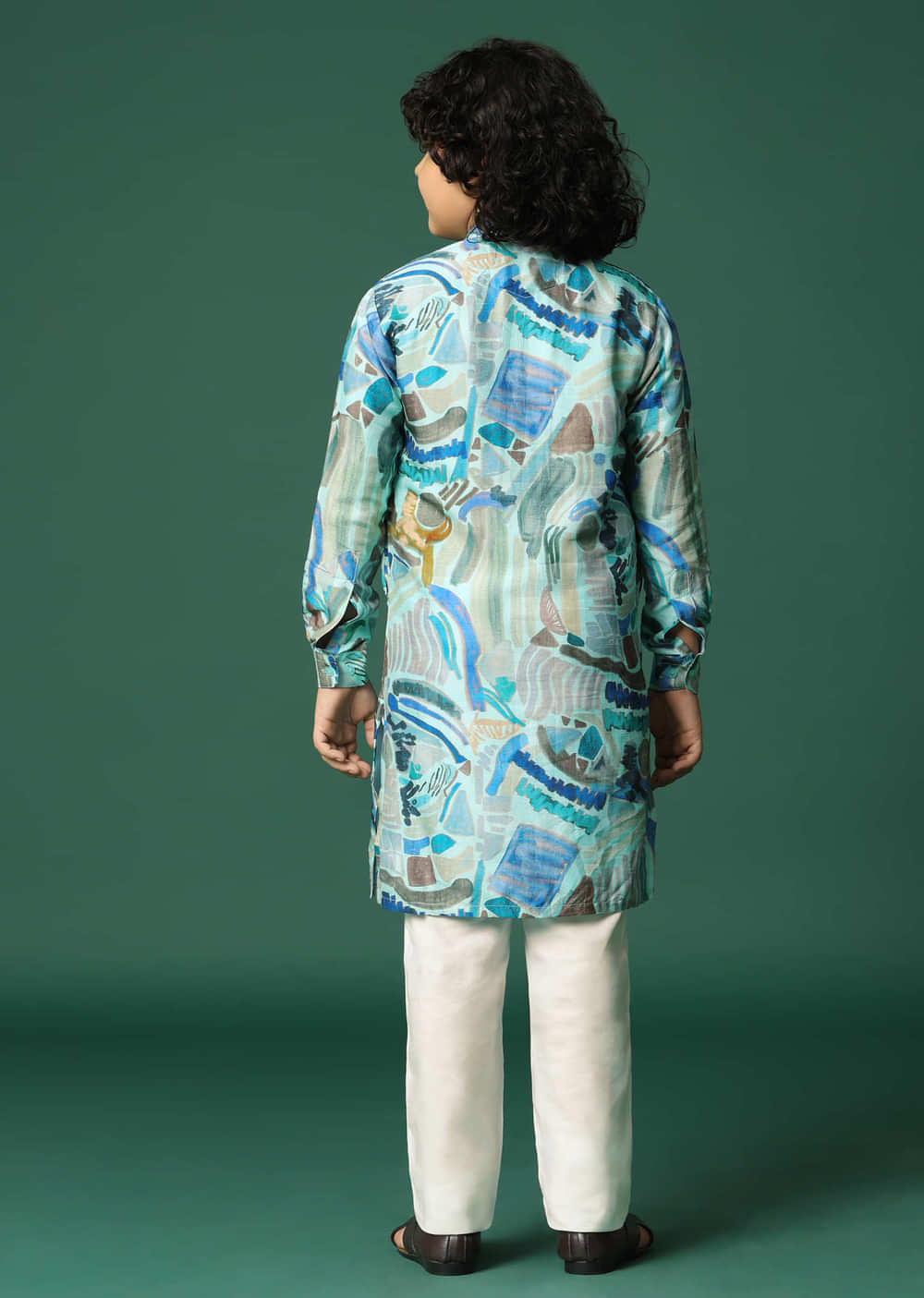 Blue Printed Silk Kurta Pant For Boys