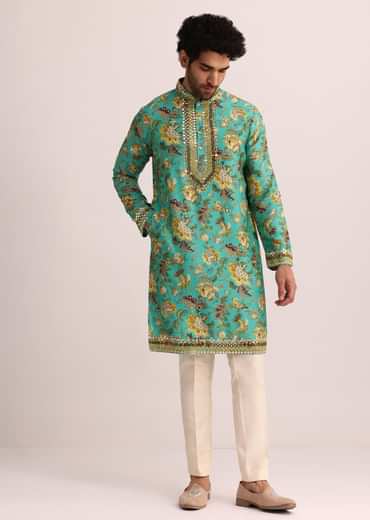Blue Printed Silk Kurta Set Wth Mirror Work
