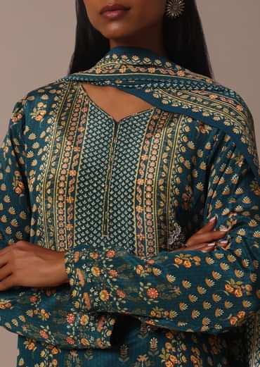 Blue Printed With Stone Detail Kurta Palazzo Set