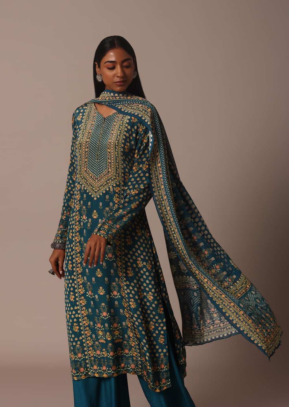 Blue Printed With Stone Detail Kurta Palazzo Set
