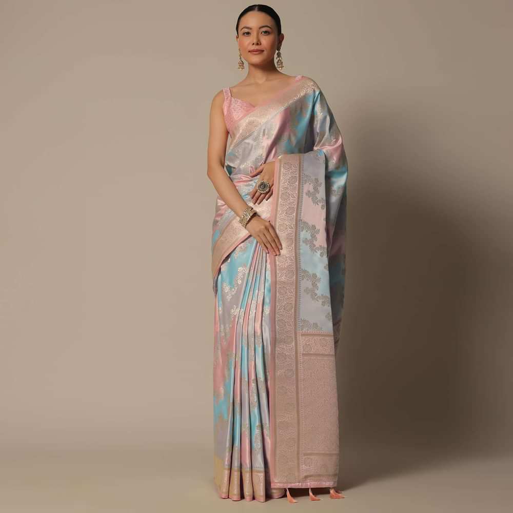 Blue Rangkat Brocade Silk Saree With Unstitched Blouse Fabric