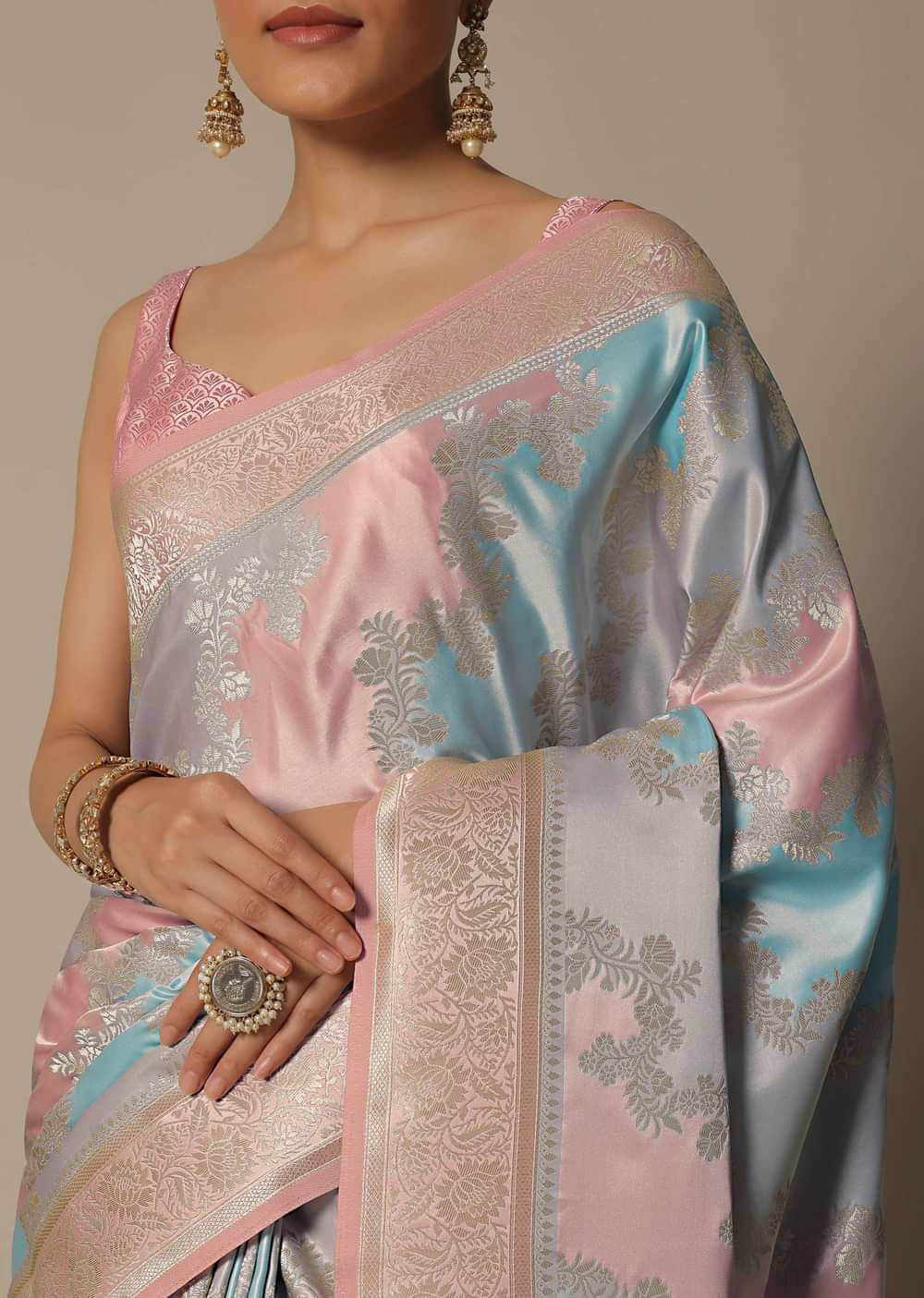 Blue Rangkat Brocade Silk Saree With Unstitched Blouse Fabric