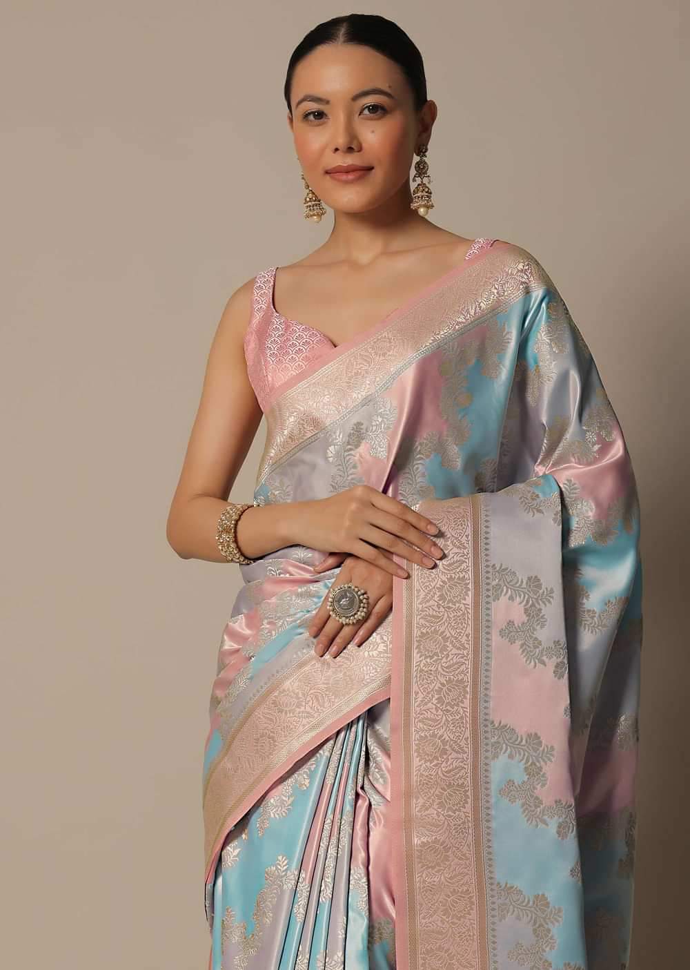 Blue Rangkat Brocade Silk Saree With Unstitched Blouse Fabric