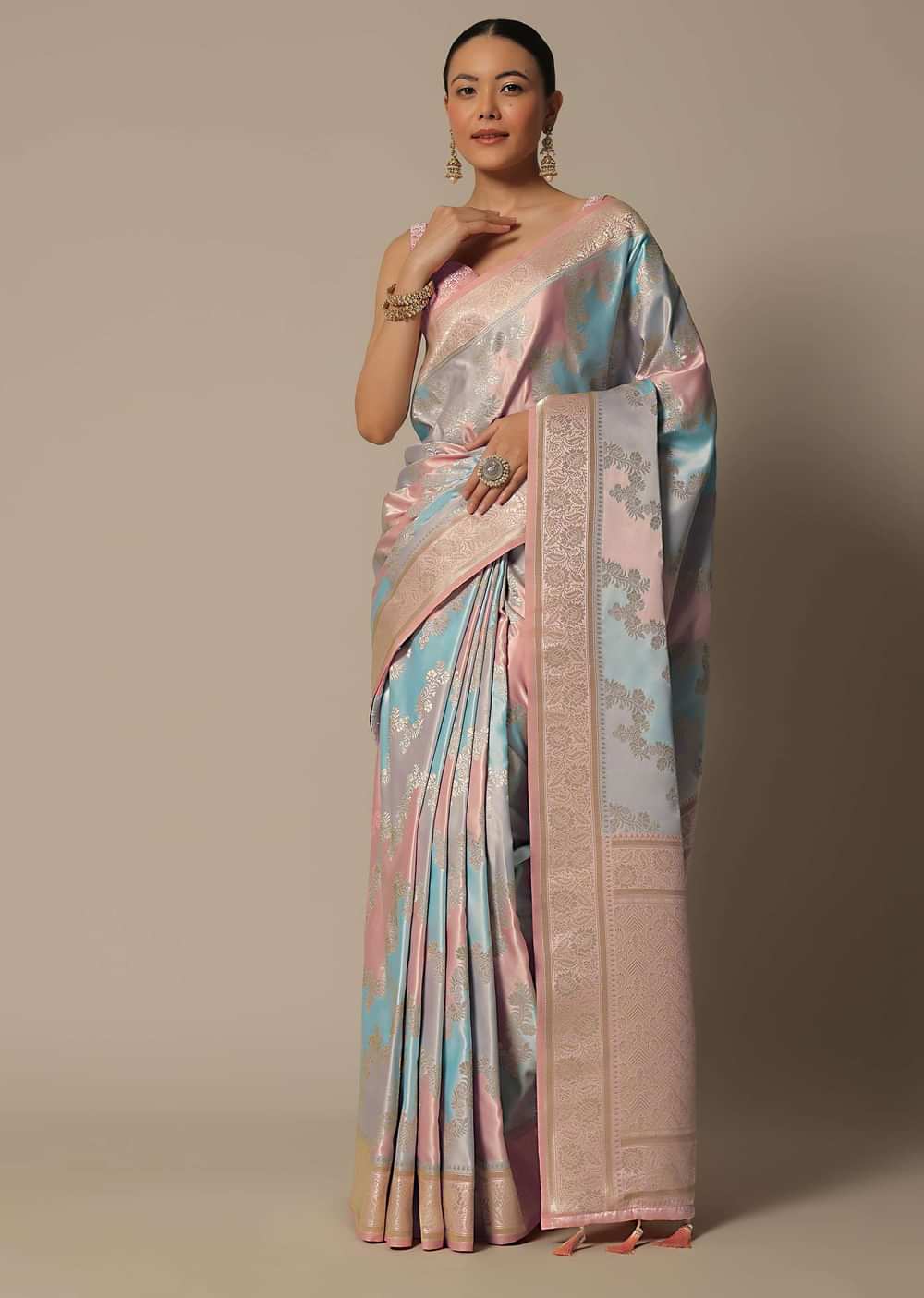 Blue Rangkat Brocade Silk Saree With Unstitched Blouse Fabric