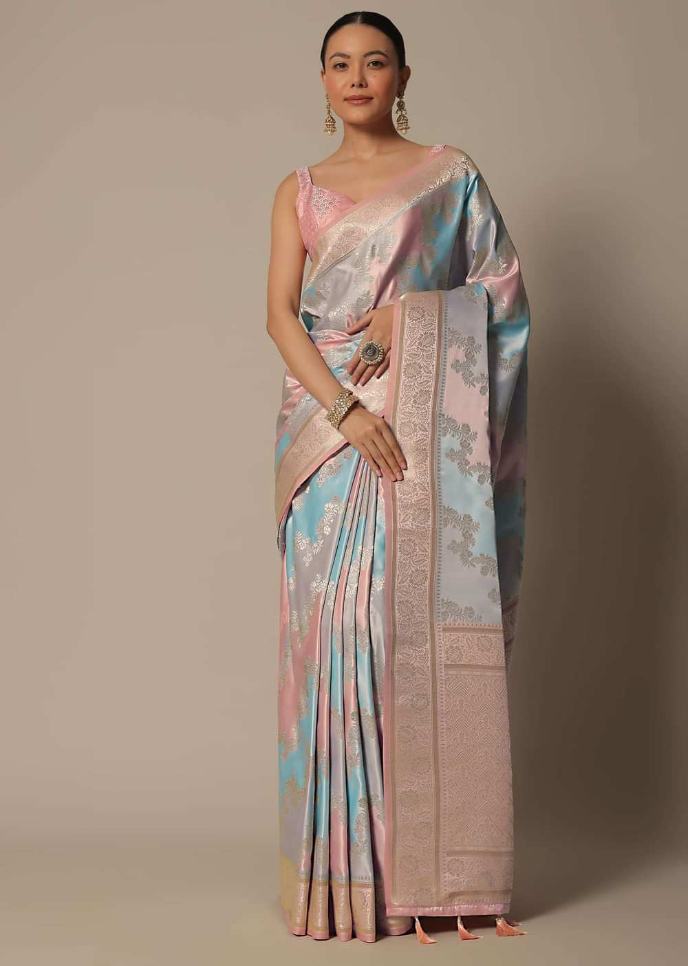 Blue Rangkat Brocade Silk Saree With Unstitched Blouse Fabric