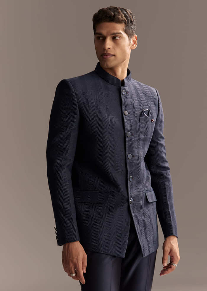 Blue Rayon Jodhpuri Suit For Men With Subtle Pattern