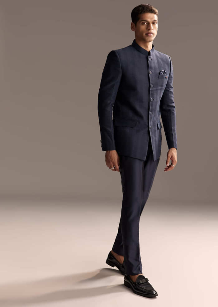 Blue Rayon Jodhpuri Suit For Men With Subtle Pattern