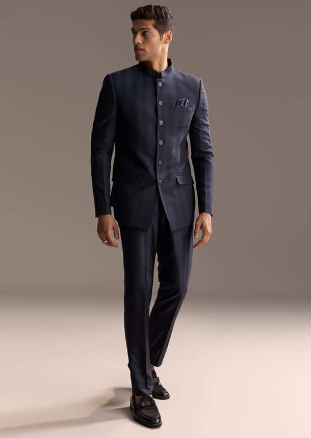 Blue Rayon Jodhpuri Suit For Men With Subtle Pattern Blue Rayon Jodhpuri Suit For Men With Subtle Pattern