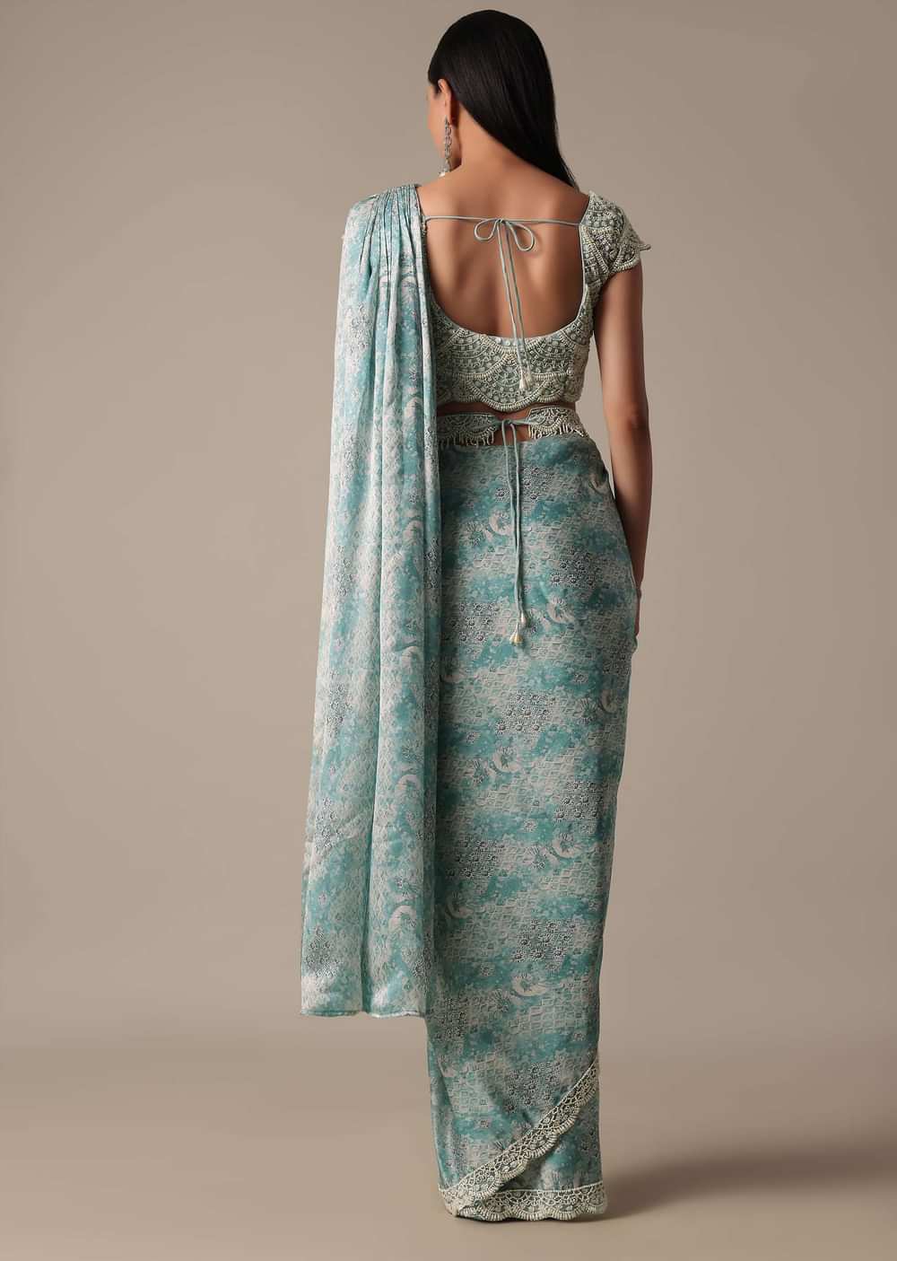 Blue Ready Pleated Muslin Saree With Embellished Blouse