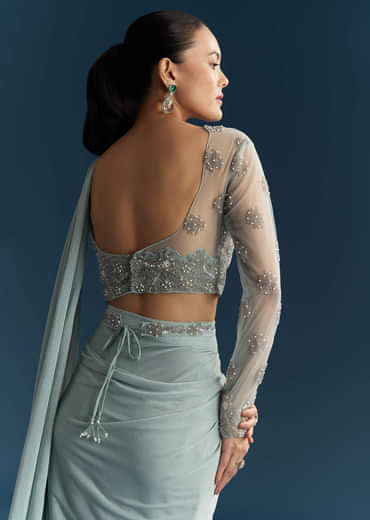 Blue Ready Pleated Saree With Beads And Moti Work