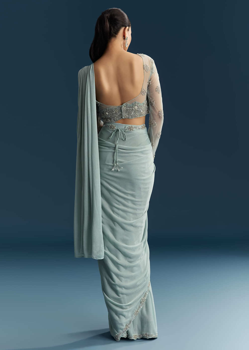 Blue Ready Pleated Saree With Beads And Moti Work