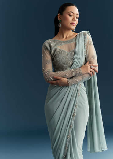 Blue Ready Pleated Saree With Beads And Moti Work