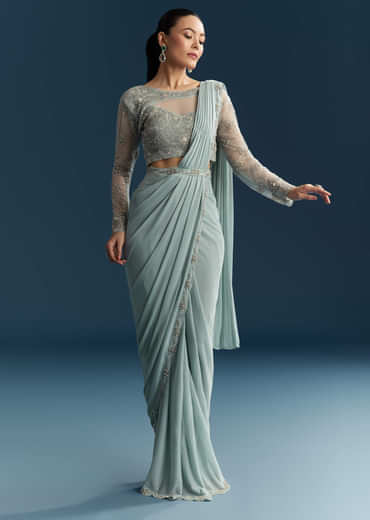 Blue Ready Pleated Saree With Beads And Moti Work