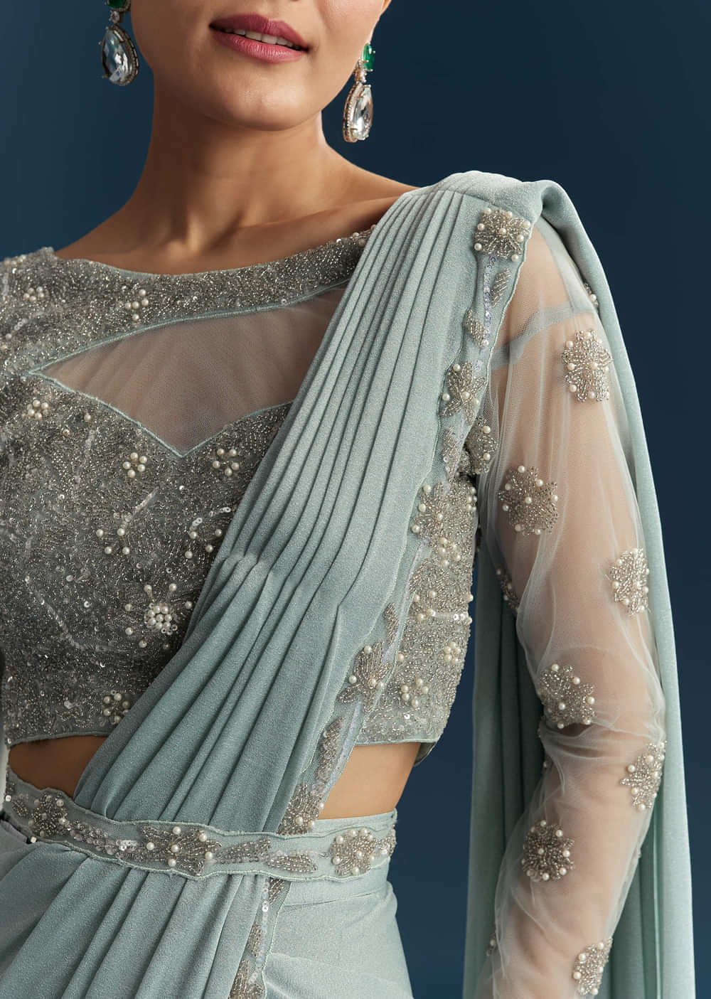 Blue Ready Pleated Saree With Beads And Moti Work