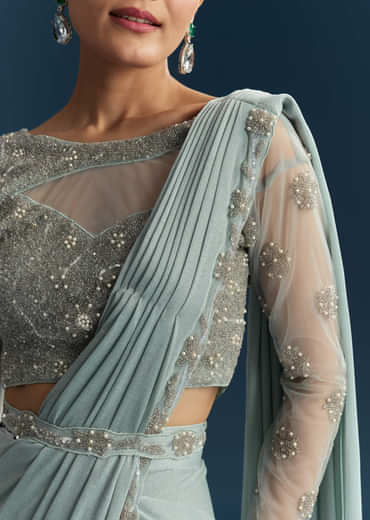 Blue Ready Pleated Saree With Beads And Moti Work