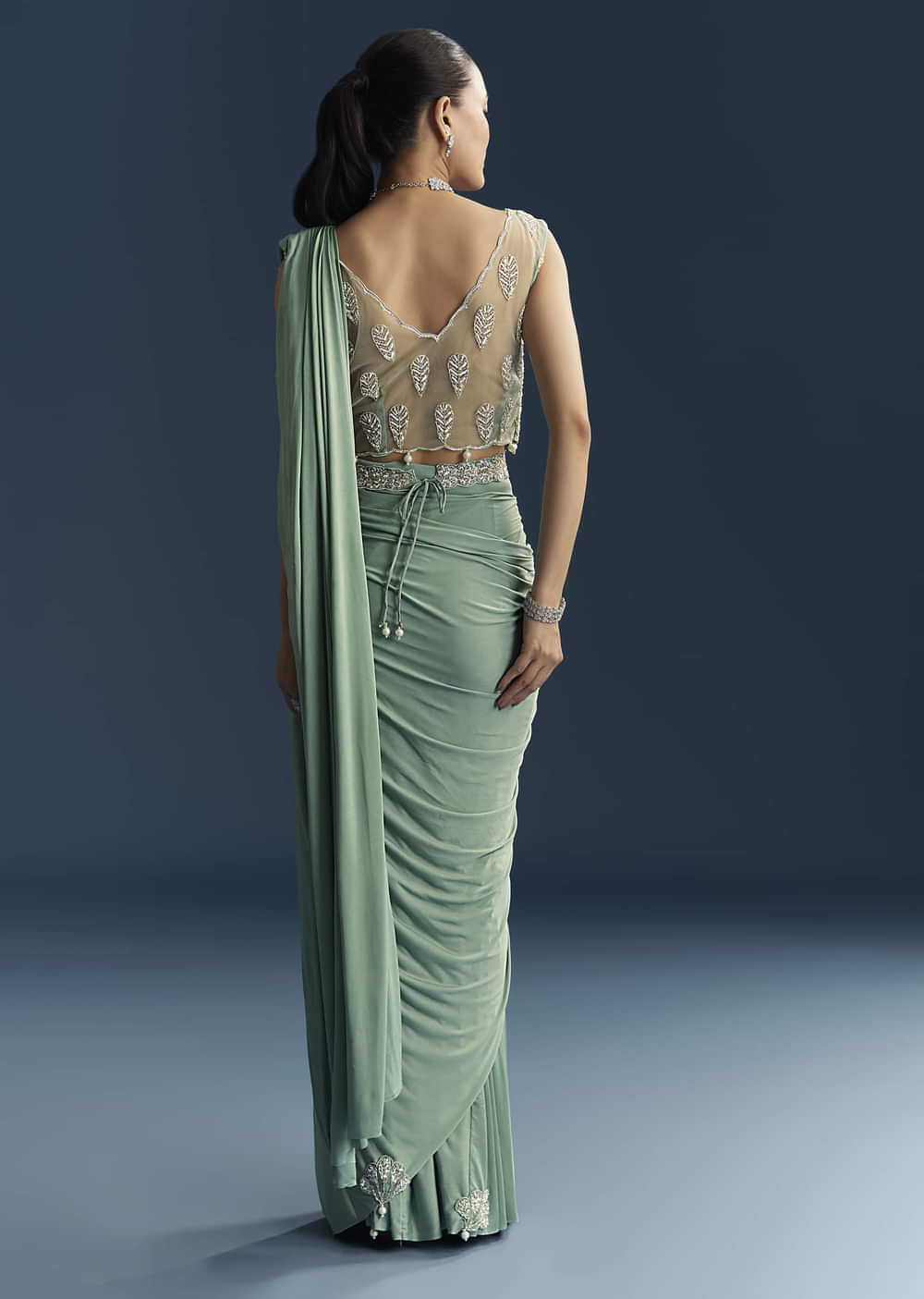 Blue Ready Pleated Saree With Cutdana And Sequins Work