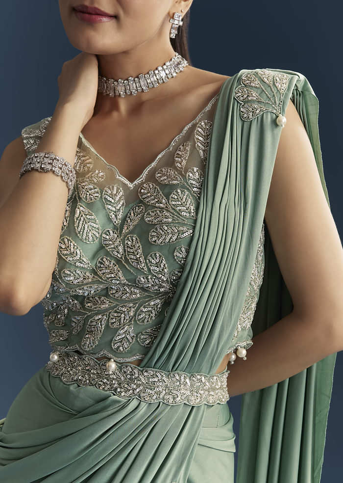 Blue Ready Pleated Saree With Cutdana And Sequins Work