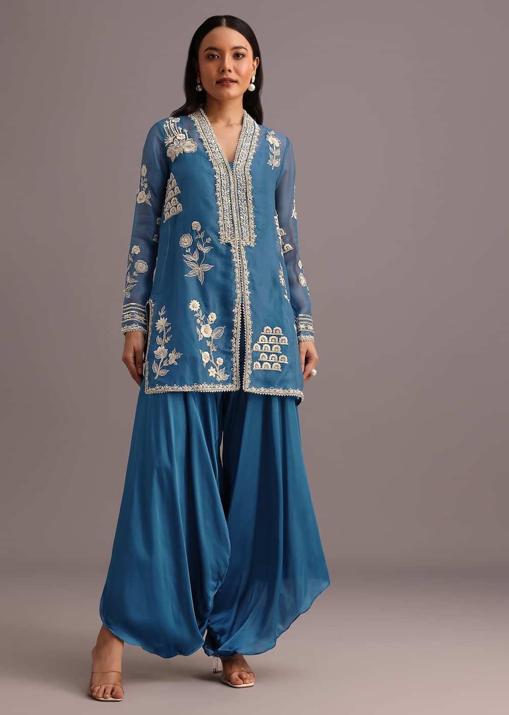 Blue Resham Work Kurti Palazzo Suit