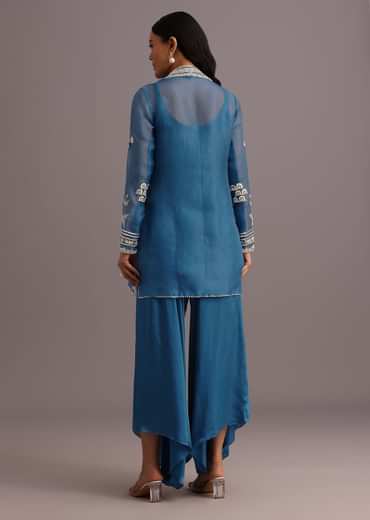 Blue Resham Work Kurti Palazzo Suit