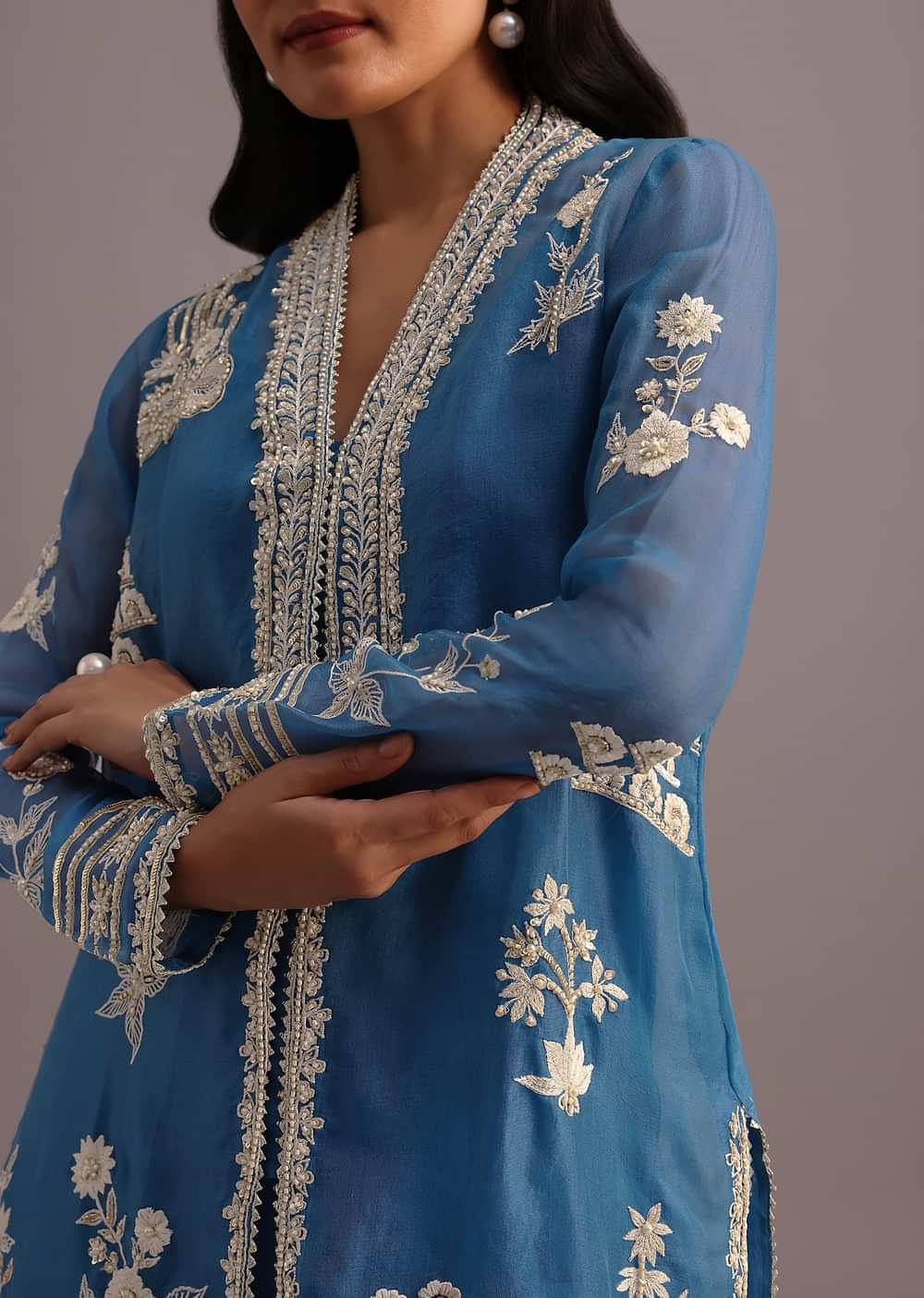Blue Resham Work Kurti Palazzo Suit