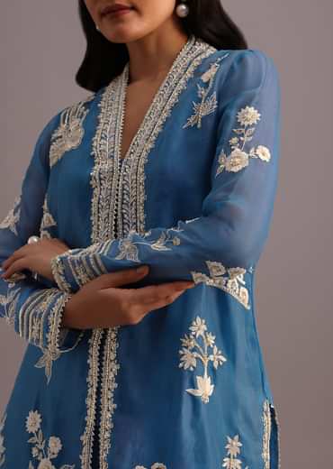Blue Resham Work Kurti Palazzo Suit