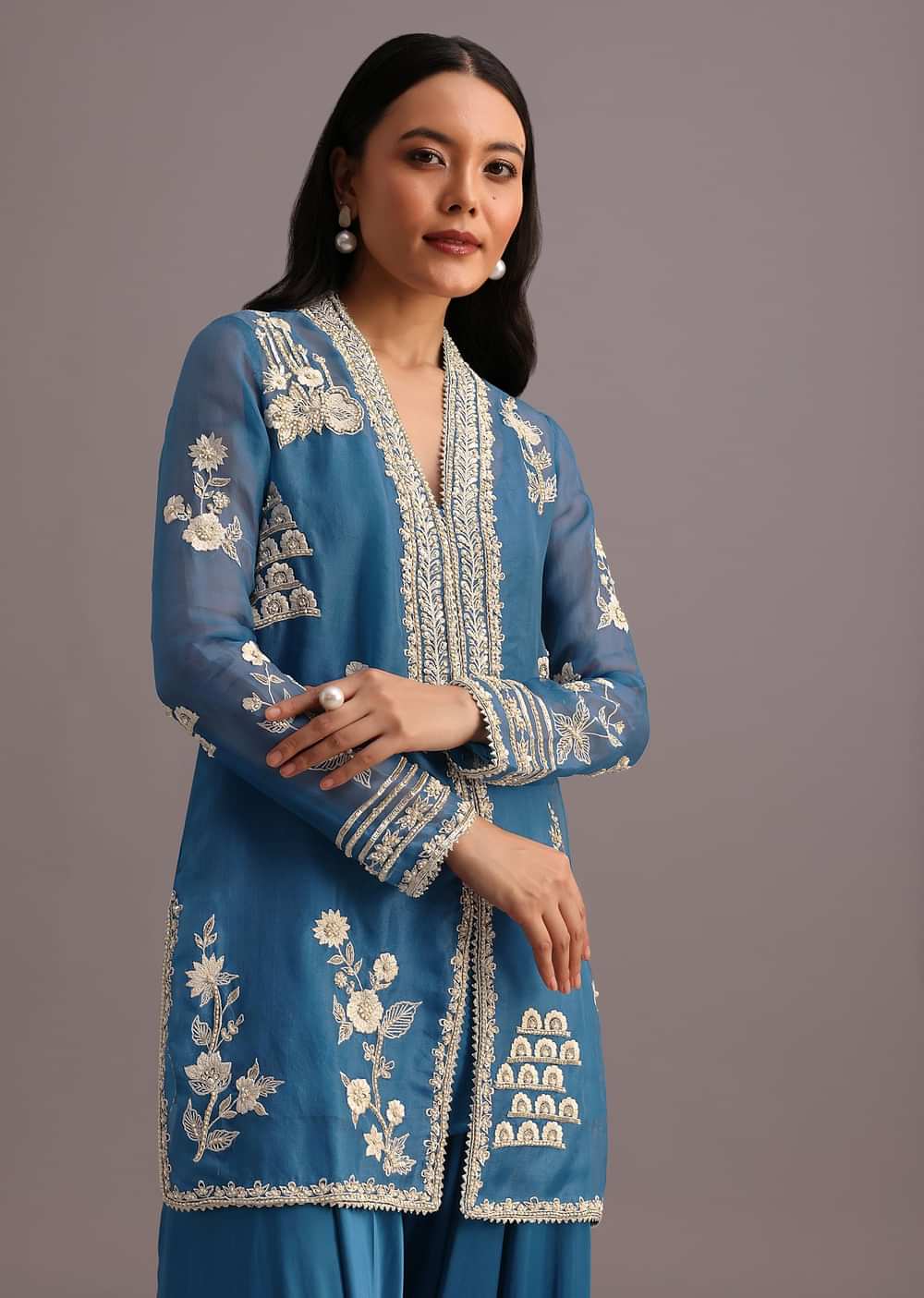 Blue Resham Work Kurti Palazzo Suit