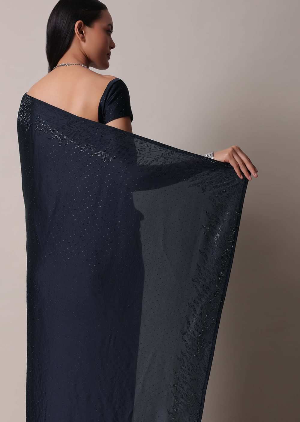Blue Saree In Satin With Swarovski Embellishments And Unstitched Blouse Piece