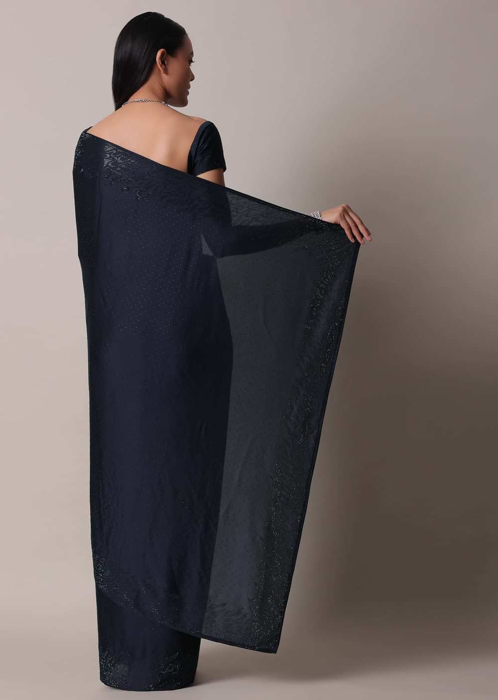 Blue Saree In Satin With Swarovski Embellishments And Unstitched Blouse Piece