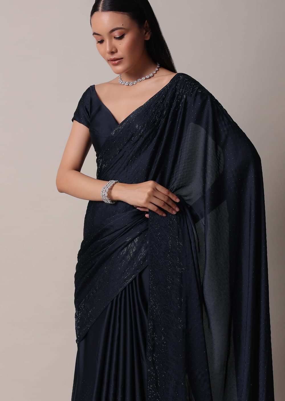 Blue Saree In Satin With Swarovski Embellishments And Unstitched Blouse Piece
