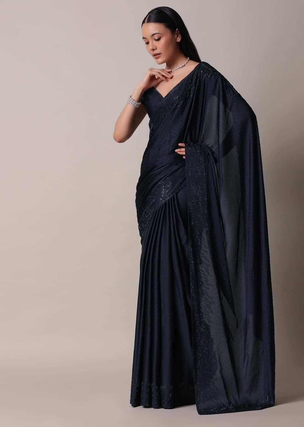 Blue Saree In Satin With Swarovski Embellishments And Unstitched Blouse Piece