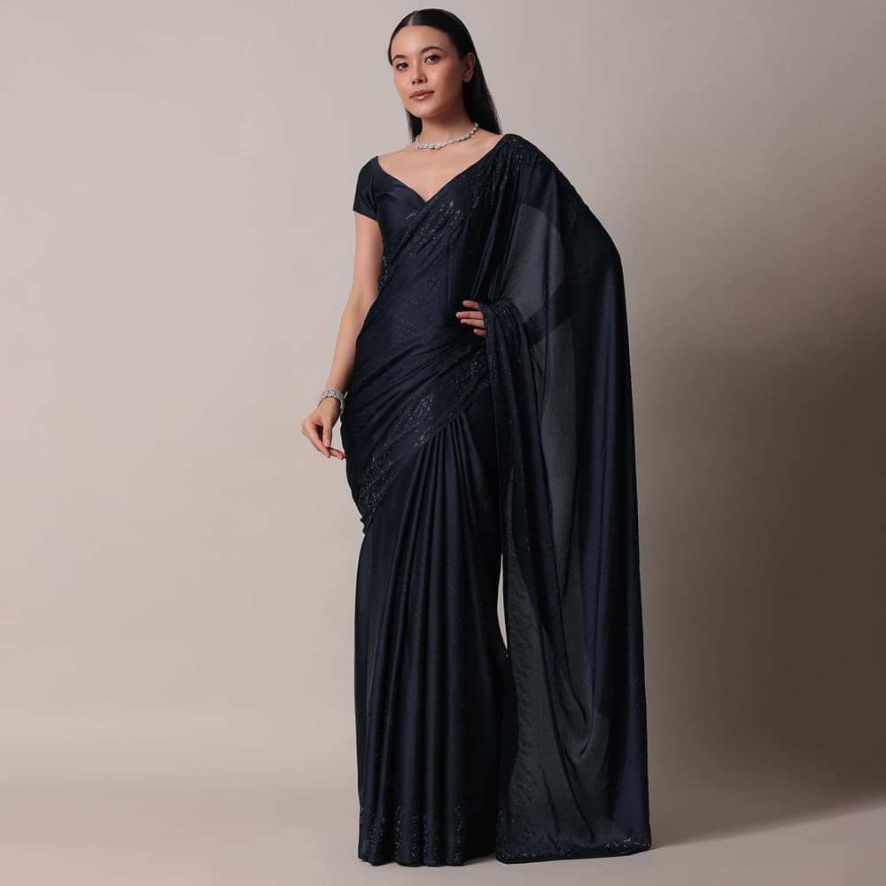 Blue Saree In Satin With Swarovski Embellishments And Unstitched Blouse Piece