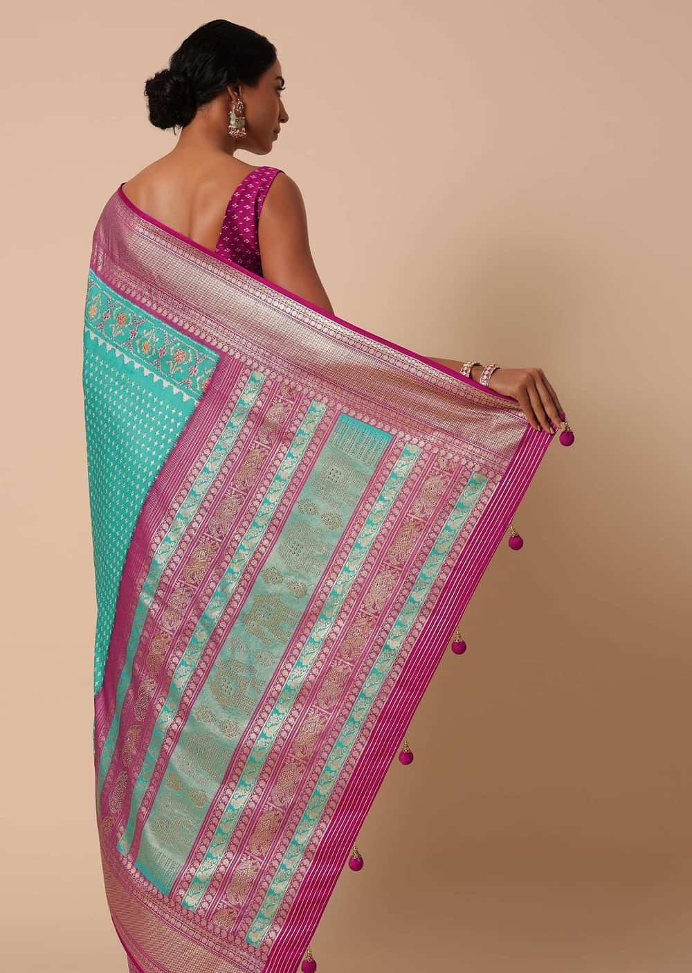 Blue Saree In Silk With Foil And Patola Print And Unstitched Blouse Piece