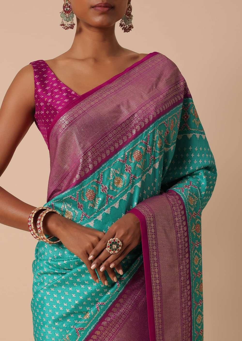 Blue Saree In Silk With Foil And Patola Print And Unstitched Blouse Piece