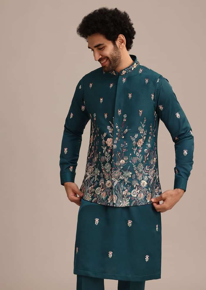 Blue Satin Resham Work Kurta Jacket Set