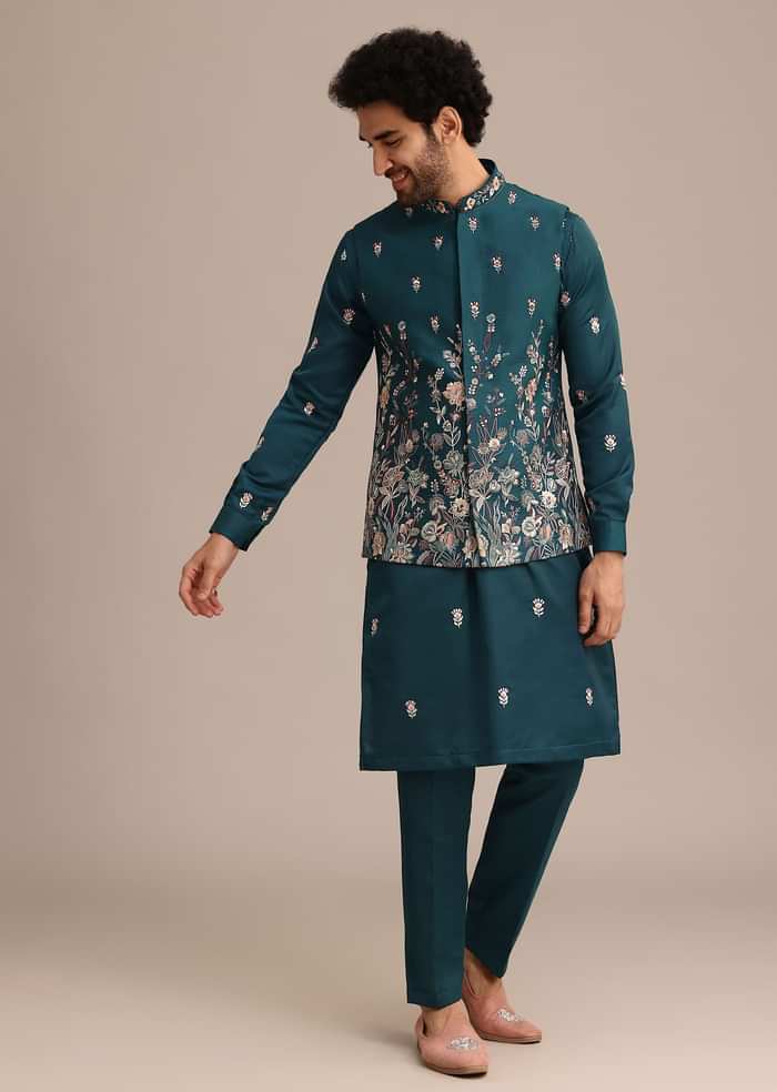 Blue Satin Resham Work Kurta Jacket Set