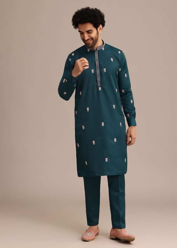 Blue Satin Resham Work Kurta Jacket Set