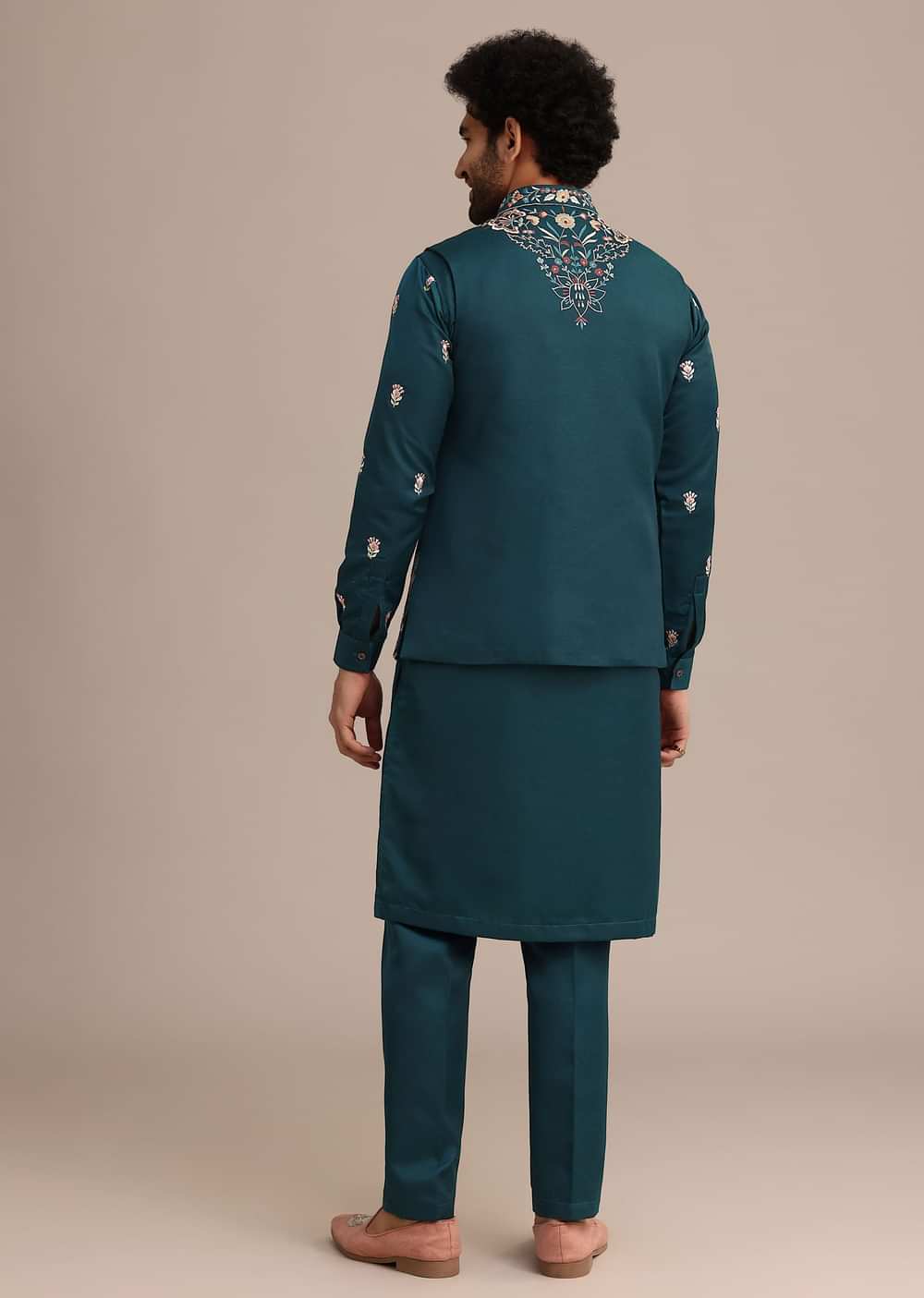 Blue Satin Resham Work Kurta Jacket Set